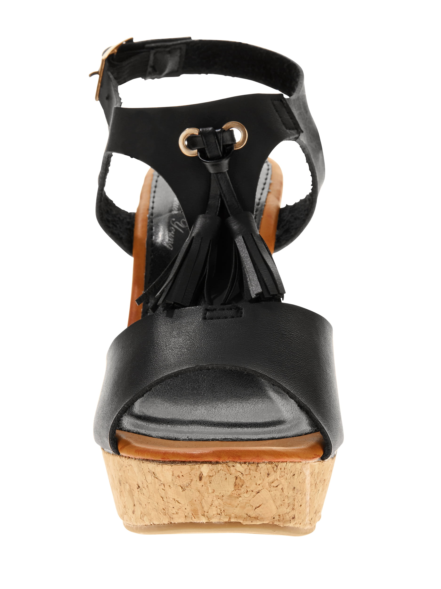 Forever Young Women's Faux Leather T-strap With Tassels Embellishments Wedge