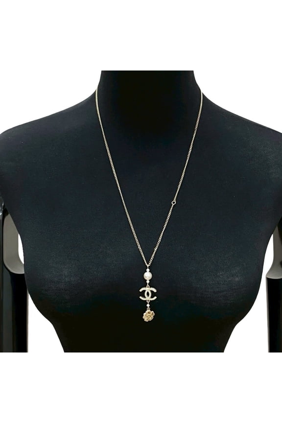 Pre-Owned CHANEL Coco Mark Flower GP Fake Pearl Necklace Pendant Gold 22904 (Good)