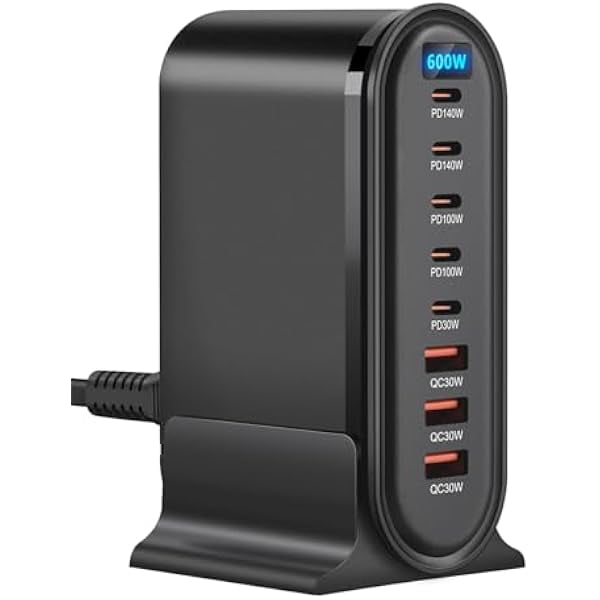 wonima44 USB-C GaN Charger 8 in 1 Charging Station Dual 140W PD PPS Port+Dual 100W PD Port for Multiple Electronics Devices,Laptop Wall Charger Compatible with MacBook/iPhone 16/iPad (600W-B)