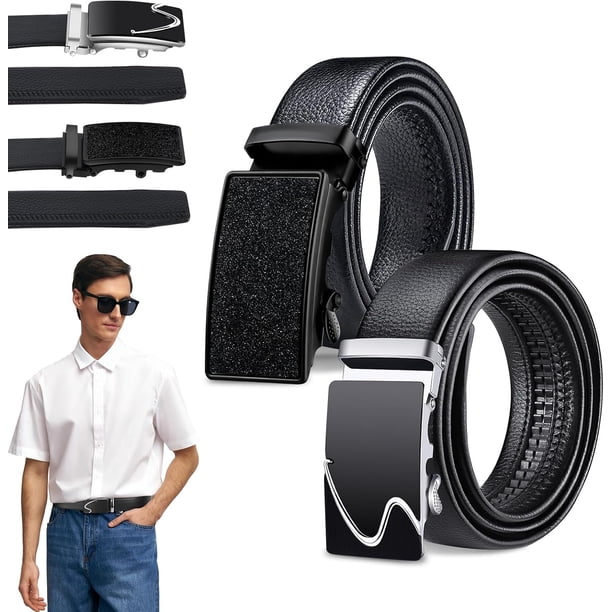 Cinturon Hebilla Automatica, 2pcs Cinturones Hombre Piel, Negro y Marrón con Hebilla Automática, Cortable, Elegante y Clásico, Cinturón de Cuero para Trabajo Casual de Negocios