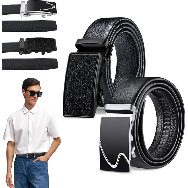 Cinturon Hebilla Automatica, 2pcs Cinturones Hombre Piel, Negro y Marrón con Hebilla Automática, Cortable, Elegante y Clásico, Cinturón de Cuero para Trabajo Casual de Negocios