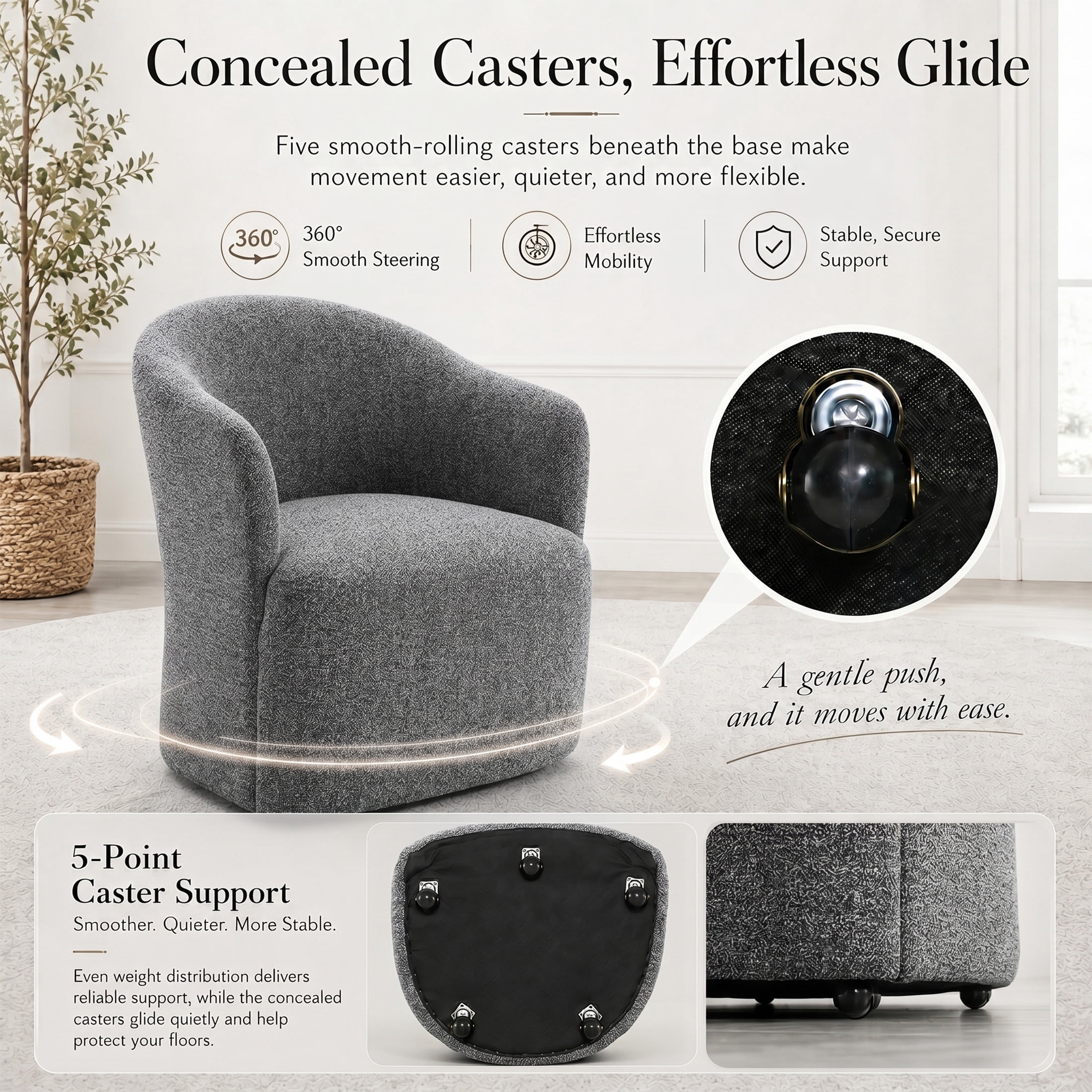 Aenkyo Dining Chair with Casters, Upholstered Barrel Back Rolling Accent Chair, Pewter Gray