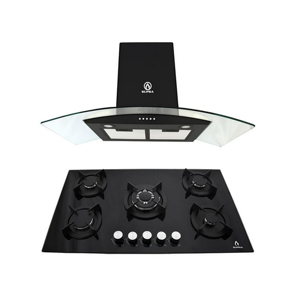 Combo Lecco SUPRA Parrilla de Cocina 5 Quemadores Cristal Negro y Campana 90 cm