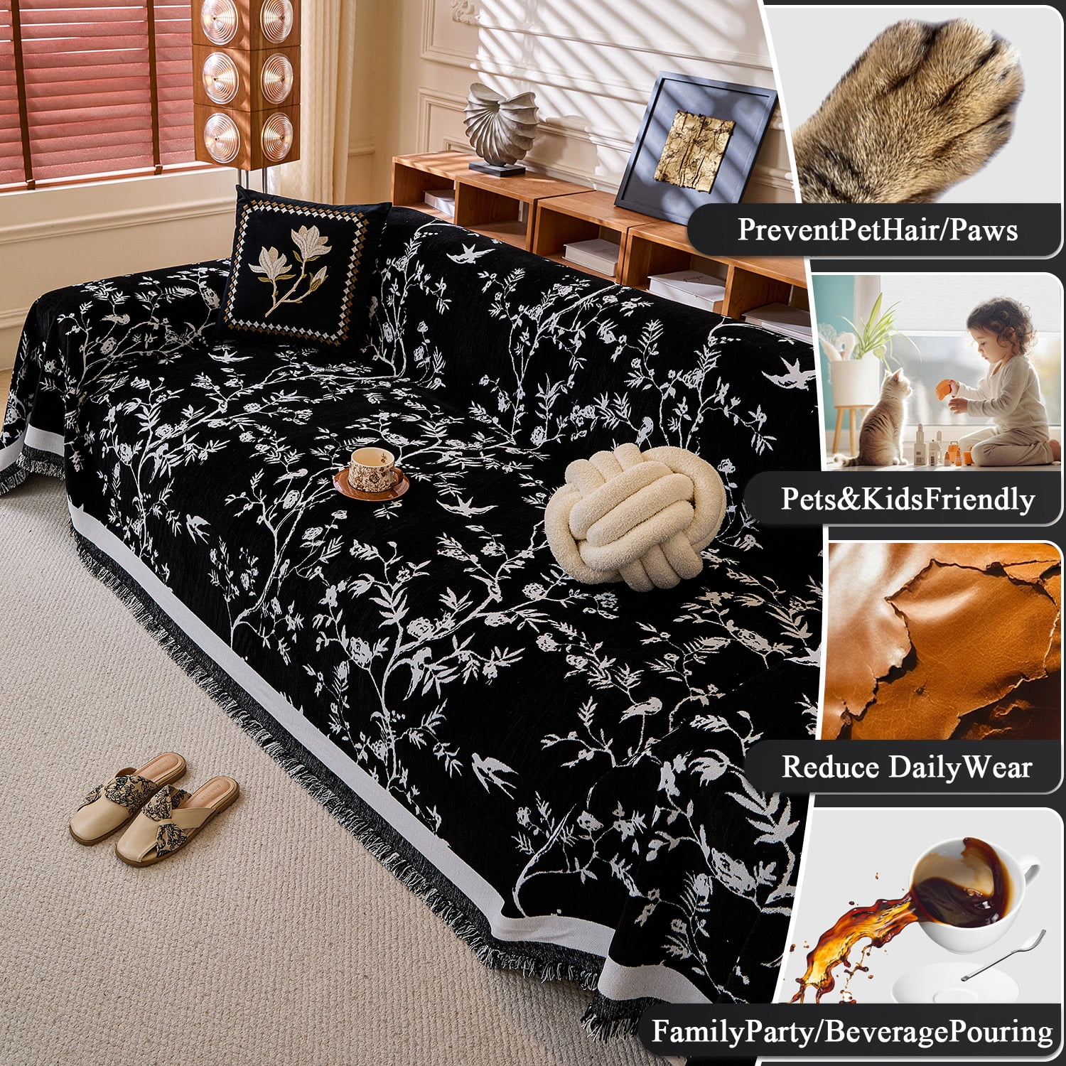NAYOROOM Vintage Black Couch Cover,Chenille Sofa Cover Slipcover Sofa Towel Furniture Cover（71"x 150"）
