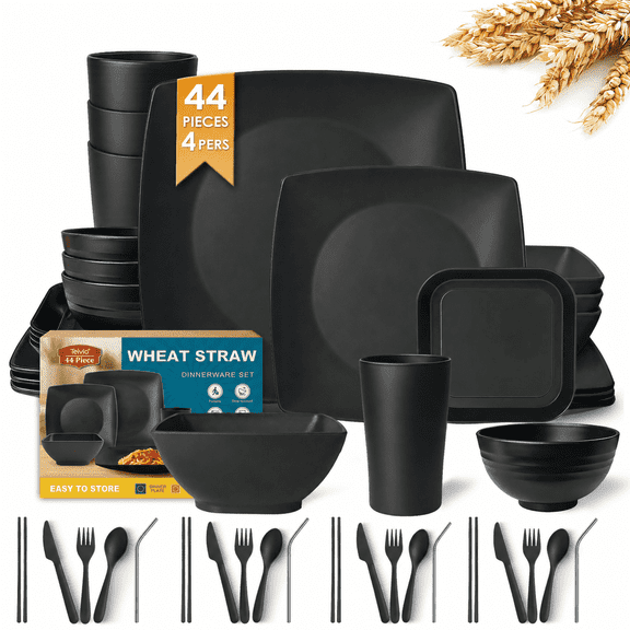 Teivio 44-piece Plastic Wheat Straw Square Dinnerware Set for 4, Unbreakable Dinner Plates, Salad/Tidbit Plates, Snack/Fruit Bowls, Tumblers 13.5oz, Flatware, Dishwasher Safe Outdoor RV Dishes, Black