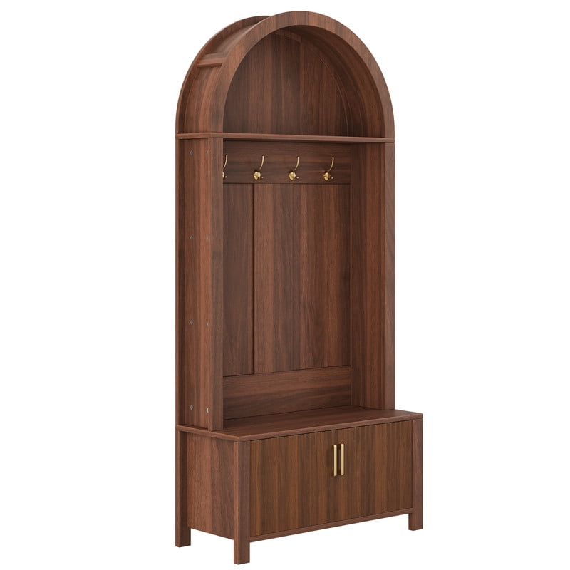 Farmhouse Arched Hall Tree with Storage Bench, Mudroom Bench with 2-Door Cabinet, 70.3'' Coat Rack with 4 Metal Hooks, Entryway Mudroom Organizer with Solid Wood Legs for Hallway & Living Room
