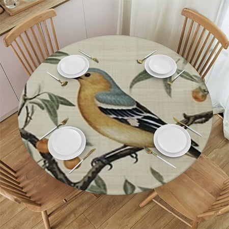 HAOXIT Designer French Floral Table Cloth Round Table Yellow Brids Leaves Pattern Spring Summer Tablecloth Decor Kitchen Dining Holiday Banquet Thanksgiving 31-35