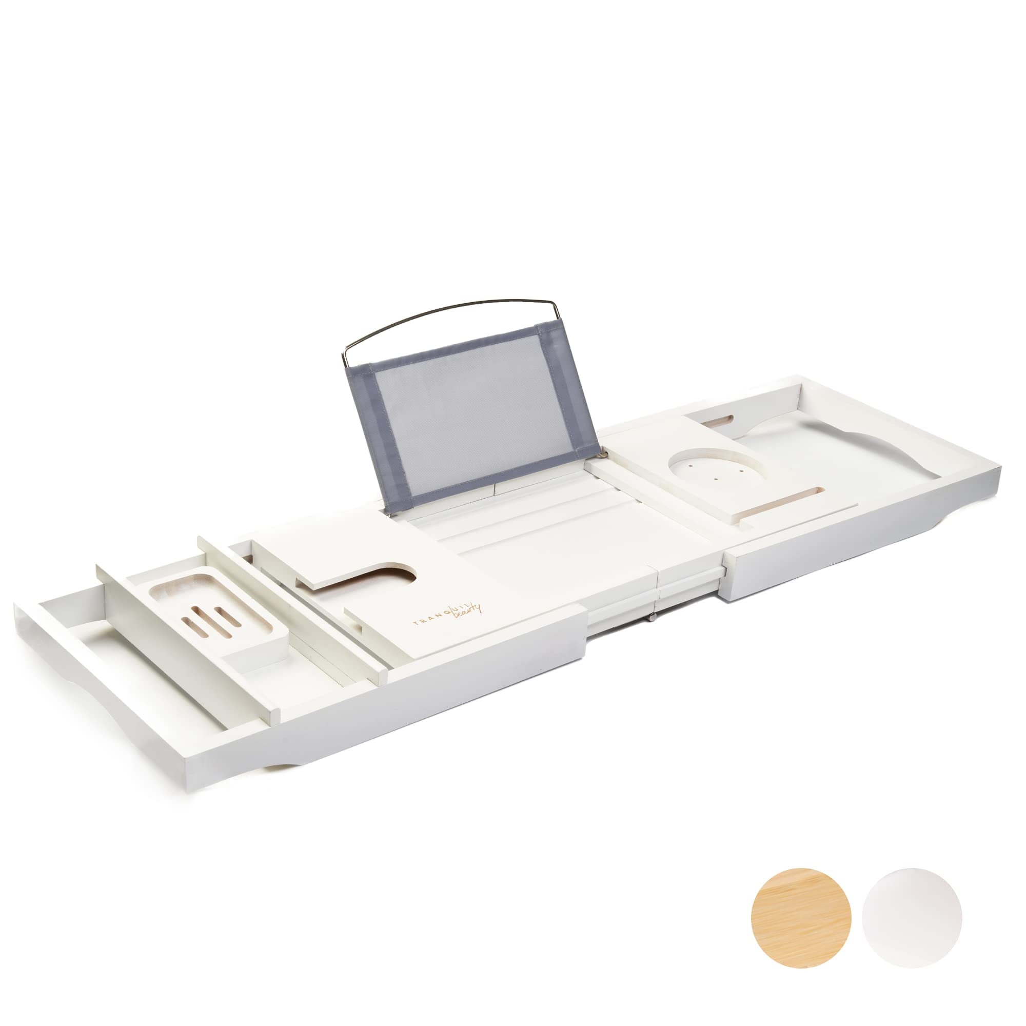 Tranquil Beauty Bath White Caddy Natural Sustainable Bamboo Bath Tray