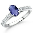 thumbnail image 2 of Gem Stone King 10K White Gold Blue Iolite and White Lab Grown Diamond Soitaire Engagement Ring for Women (0.83 Cttw, Oval Checkerboard 7X5MM, Gemstone Birthstone, Available in Size 5, 6, 7, 8, 9), 2 of 4