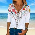 thumbnail image 3 of Blusa con escote en V y mangas 3/4 con ribete de encaje - Top informal de verano para mujer, blanco XXL, 3 of 7