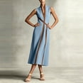 thumbnail image 4 of Women's V Neck Sleeveless Self Belt Midi Dress, Fake Two Tone Layered Loose Casual Dress with Side Pockets Blue XL(XL), 4 of 8
