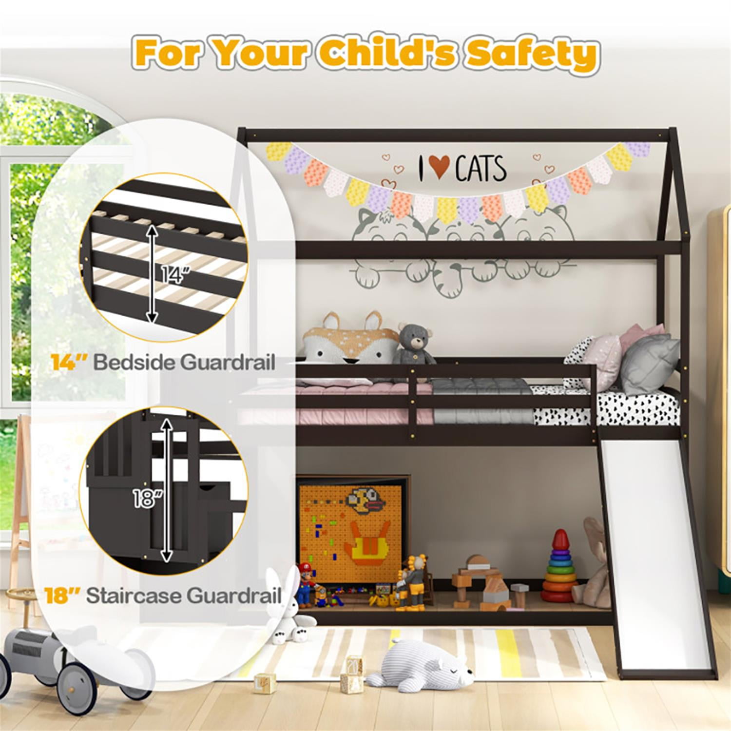 Demi Bonn Twin Over Twin Bunk Bed with Slide and 2-Step Storage Staircase, Solid Wood Loft Bed with Ladder and Full-length Guardrails, Brown