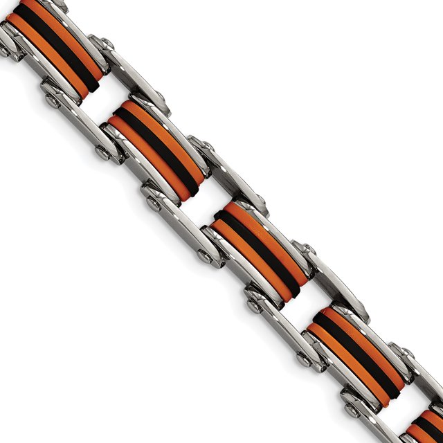 Stainless Steel Black Orange Polyurethane 8.75 Inch Link Bracelet Contemporary Men For Dad Mens For Him