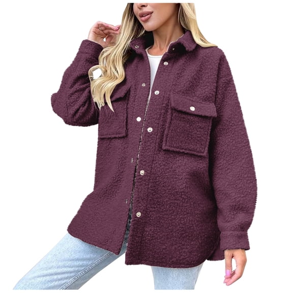 ABATAB Women's Winter Warm Fleece Shacket Jackets Soft Button down Casual Long Sleeve Lapel Neck Warm Outerwear with Chest Pockets(X-Large,Wine)