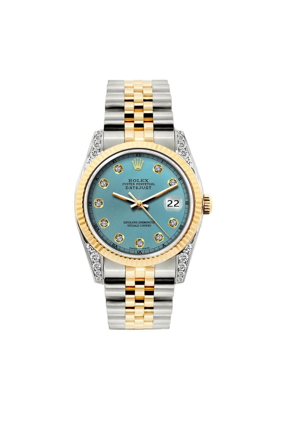 Pre-Owned Rolex Datejust 36MM 16233 Blue Diamond Dial Fluted Bezel Two Tone Yellow Gold Jubilee Bracelet