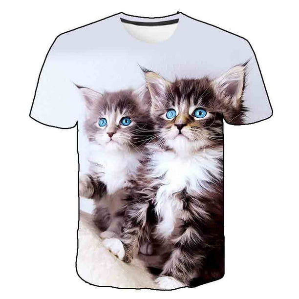Niñas Animal gato camiseta niños nuevo Kawaii 2023 verano divertido dibujos animados camiseta para niños niñas chico ropa Unisex manga corta 3T Gao Jinjia LED