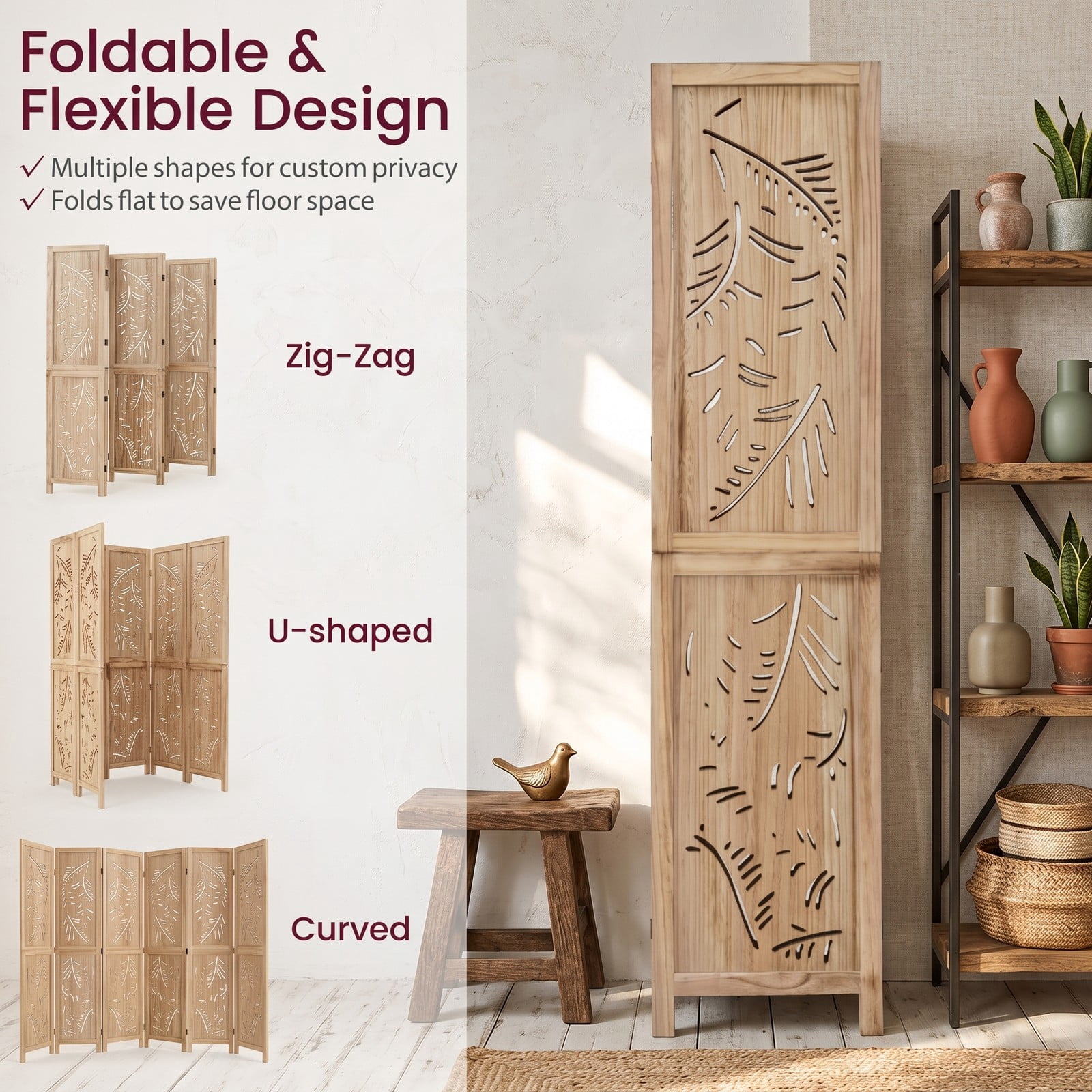 ALPULON 6-Panel Wooden Room Divider Freestanding Folding Privacy Screen with Palm Leaf Design and Paulownia Wood Frame for Home Office Bedroom, Natural