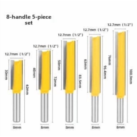 Lavie 5-Piece Woodworking Router Bit Set - 8mm Shank Extended Straight Slotting Knives with Double Edges, Sizes 30mm, 40mm, 50mm, 63mm, 76mm - Durable, Non-Imported Cutting Tools for Precision