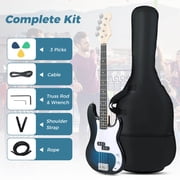 Costway 45.5” Electric Bass Guitar with Double Pickups, Open-gear Tuning, Gig Bag, Rope Blue + White