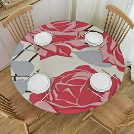 

Pink Flower Roses Round Fitted Tablecloth Elastic Edge Waterproof