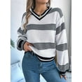 thumbnail image 5 of Womens Oversized Striped Tunic Sweaters Casual V Neck Long Sleeve Color Block Knit Pullover Jumper Tops White S, 5 of 8