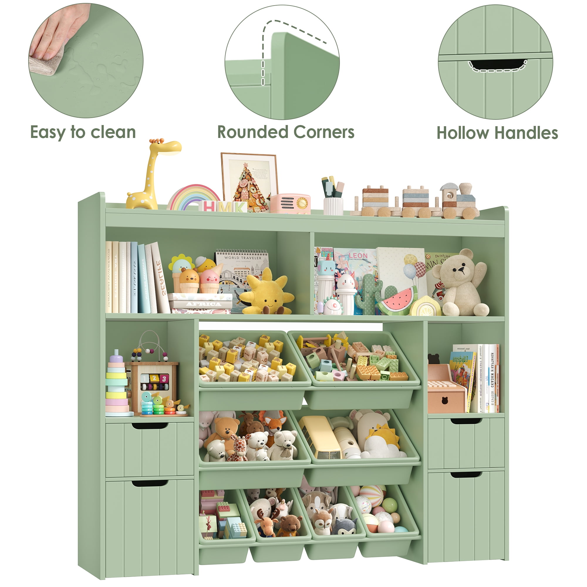 Homfa Kids Toy Storage Organizer with Removable Bin, Kids Bookshelf and Bookcase Toy Box with Drawers for Playroom, Classroom, Green