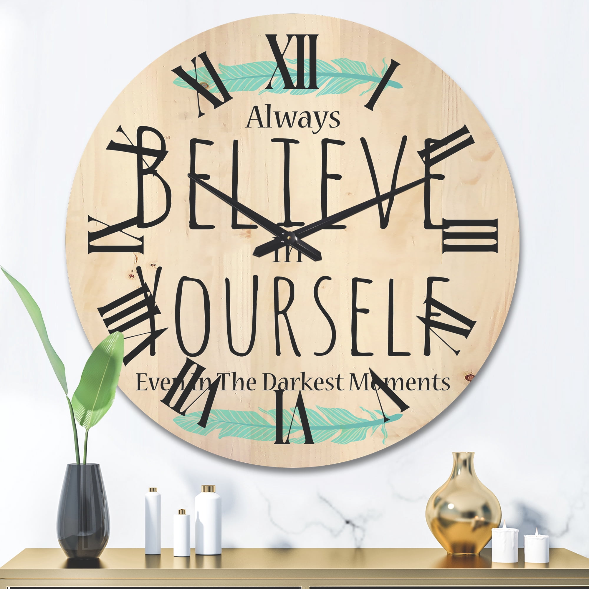 Designart 'Believe In Yourself Quote On White' Traditional Wood Wall Clock
