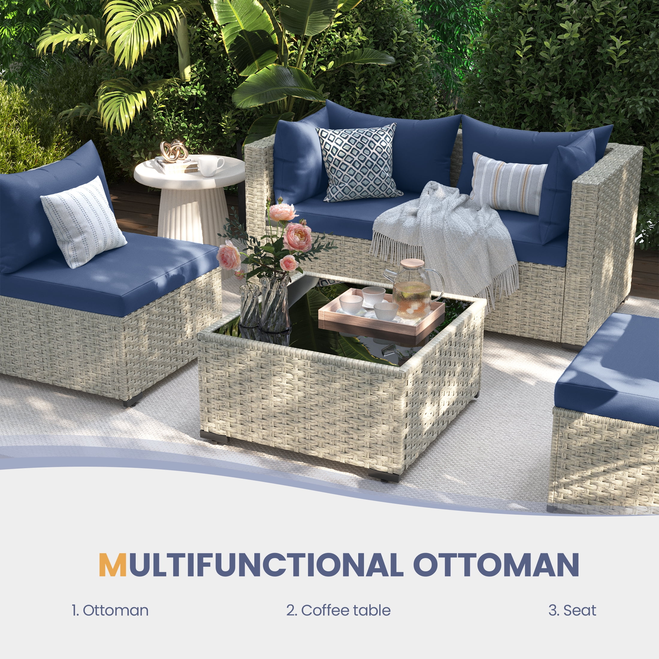 UDPATIO 9 Pieces Outdoor Patio Furniture Set, Outdoor Wicker Patio Conversation Set with Cushions for Backyard, Porch, Garden(Navy)