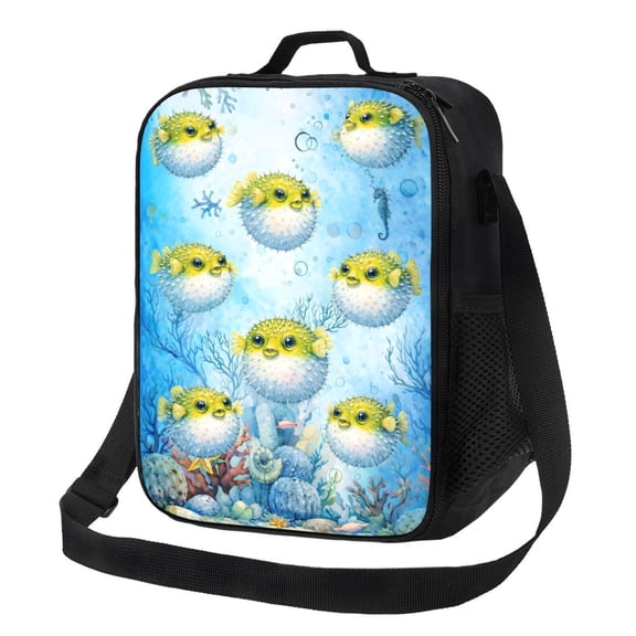 Pufferfish Ocean Lunch Bag Insulated Thermal Box with Shoulder Strap & Handle for Work and Picnic