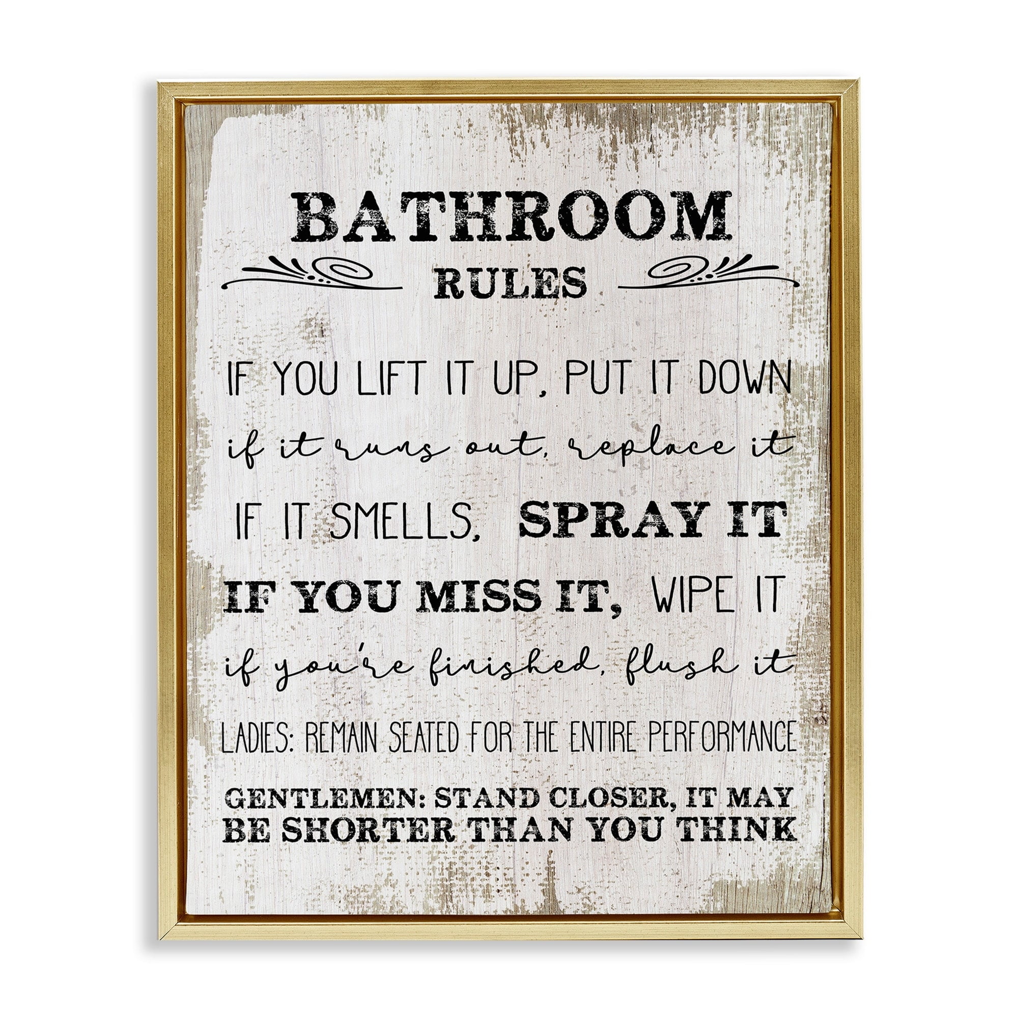 Stupell Industries Bathroom Rules Funny Word Wood Textured Design Metallic Gold Framed Floating Canvas Wall Art, 24x30, by Daphne Polselli