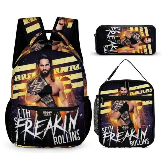 3-PieceW-W-E Seth Rollins Large Capacity Anime Backpack with Lunch Bag & Pen Case | Casual Schoolbag for Travel, Outdoor, Fashion Daypack