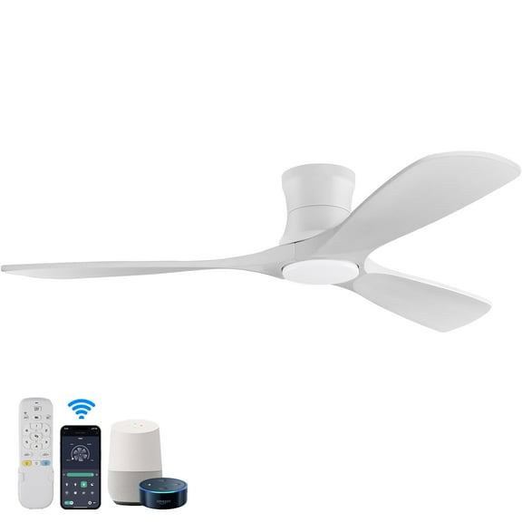 52 Inch Wood Smart Flush Mount Ceiling Fans with Lights and Remote,Quiet DC Motor,Outdoor Indoor Ultra Low Profile Ceiling Fan works with Alexa WIFI APP