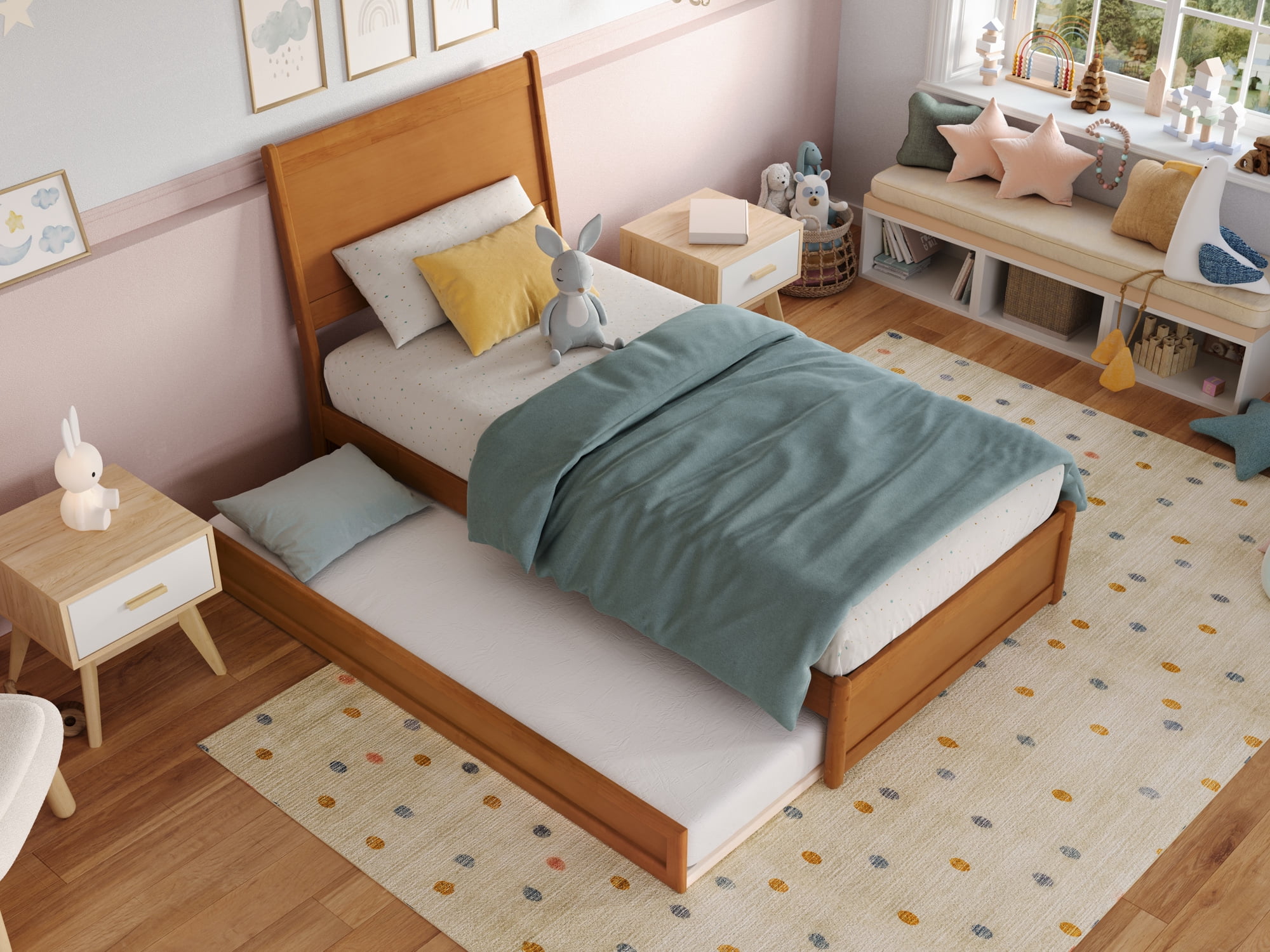 AFI Casanova Twin Wood Platform Bed with Panel Footboard and Twin Trundle, Light Toffee