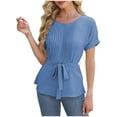 thumbnail image 2 of Soki T-Shirts à Manches Courtes pour Femmes Tunique Col Rond Blouse d'Été Plissée, 2 of 5