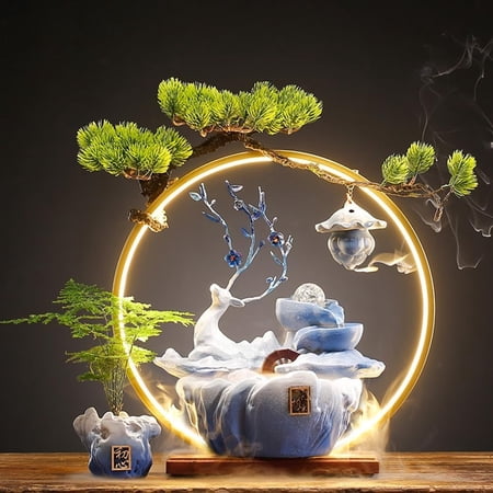 Tabletop Water Fountain with LED Light Mist, Decor Includes Backflow Incense, Water Fountains for Meditation,Indoor Zen Decor for Office,Living Room or Bedroom (Blue)