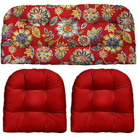 Indoor Outdoor 3 Piece Tufted Wicker Cushion Set, (Large, Daelyn Cherry   Red)