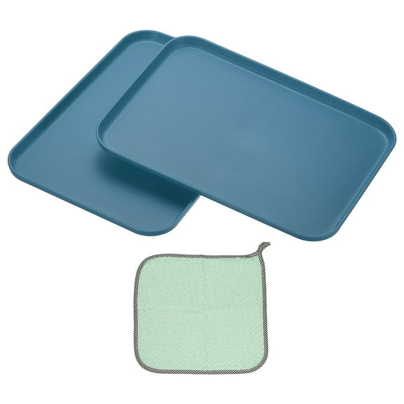 12x8.7" Rectangular Plates, 2 Pack Wheat Plastic Dinner Plates Dishes Reusable Unbreakable Dessert Plate Trays with Cloth for Cake Fruits Salad Cupcake Steak Serving Dark Blue