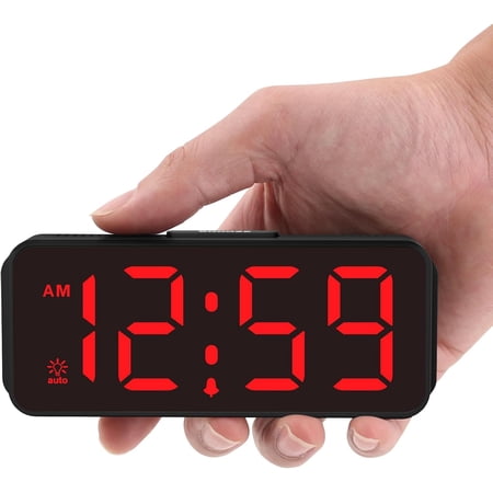 Small Mini Battery Powered Digital Alarm Clocks for Bedrooms Bedside, Cordless Tiny Travel Portable Desk Clock, Large Numbers Auto Dimmable, LED Display 4 Dimmers, 5 Alarm Volumes