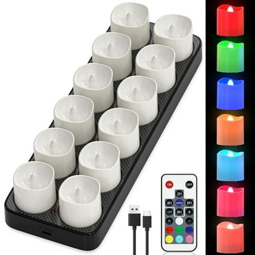 PChero Rechargeable Color Changing Votive Candles with Remote,12pcs Flameless Tea Lights Battery Operated with Charging Base, Flickering USB LED Candles for Festival  Decor, Multicolor, 1.57"