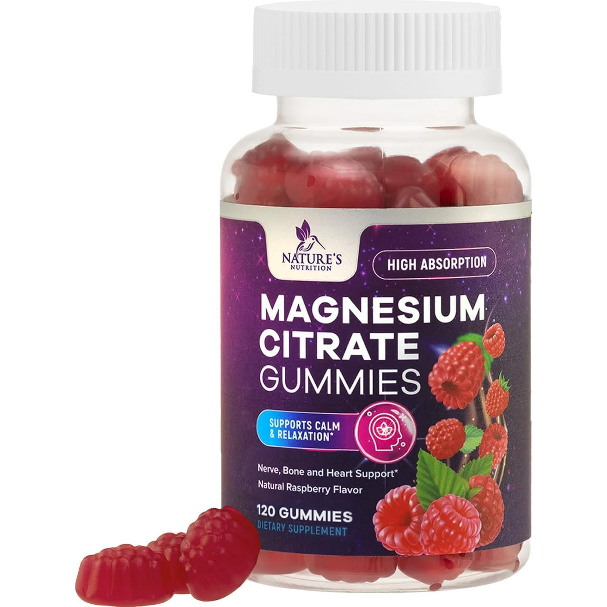 Magnesium Citrate Gummies - High Absorption Magnesium Citrate Gummy Supplement - Natural Bone, Nerve, Muscle, Calm, & Relaxation Support for Adults - Raspberry Flavor, Gluten Free, Vegan, 120 Gummies