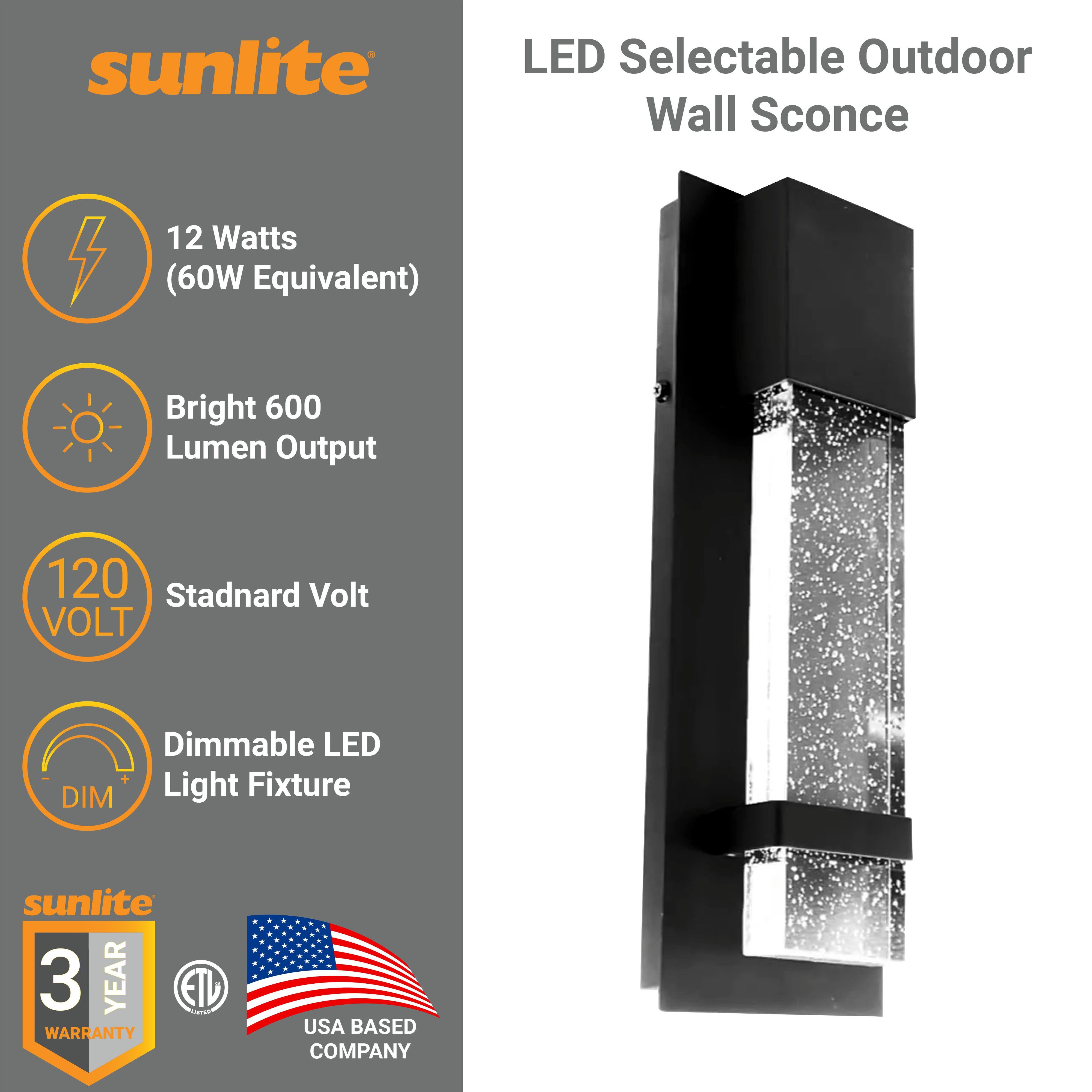 Sunlite LED Outdoor Raindrop Wall Sconce Light Fixture, 12 Watts (60W=), 600 Lumens, Color Selectable 30K/40K/50K, Dimmable, 120 Volts, ETL Listed, Black, For Patios, Garage & Entryway Use