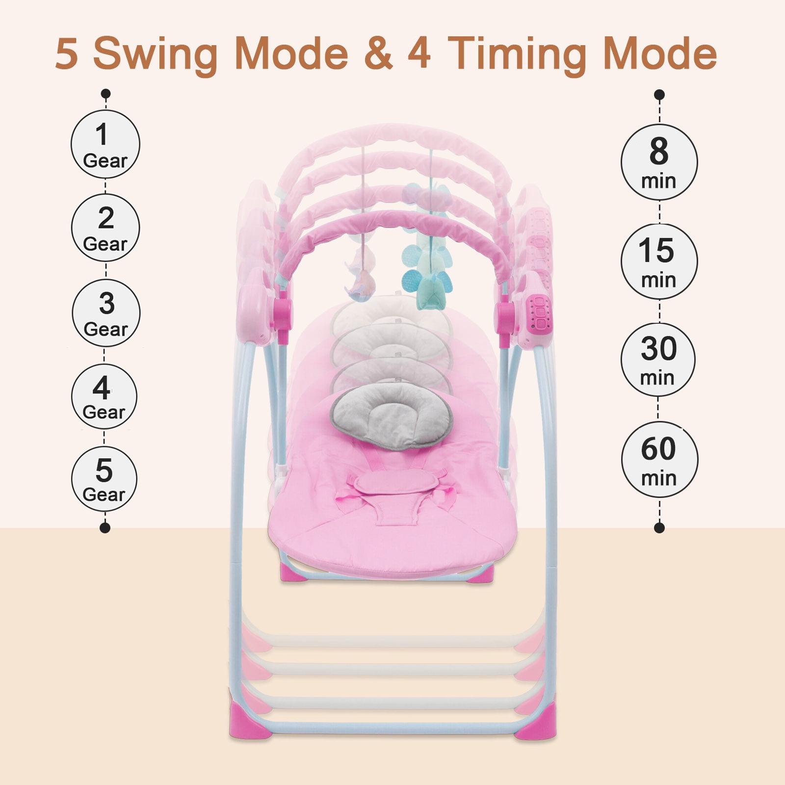 ANJORALA Baby Swings for Infants Toddler, Portable Newborn Swing Bouncer, Bluetooth(Pink)