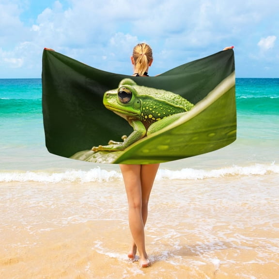 Frog on Lotus Leaf Beach Towel Camping Towel Microfiber Oversized 37" x 74" Absorbent for Seaside Camping Swimming Fitness