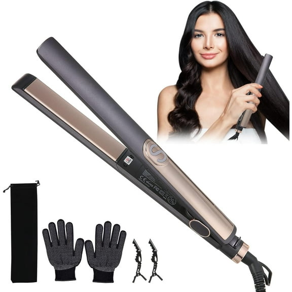 PRO Hair Straighteners, Hair Straighteners & Curlers in One with 140℃- 220℃ Adjustable Temperature, Flat Iron Straightener with Ceramic Thin Floating Plate LCD Display, 15s Heat Up, Dual Voltage