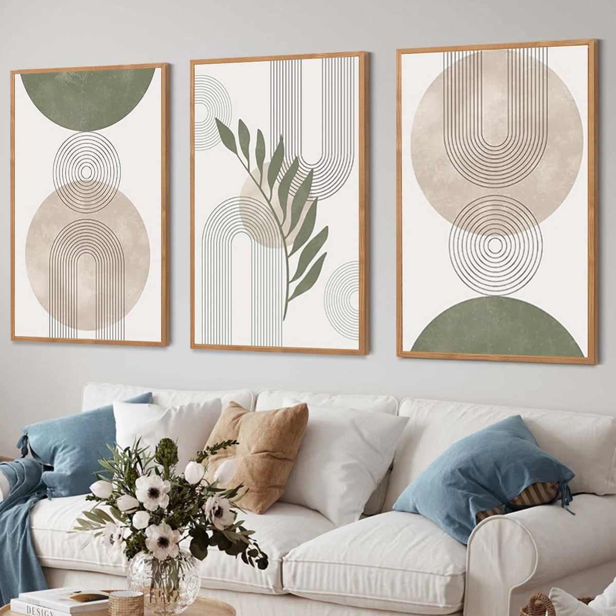 TOARTi Boho Canvas Wall Art Sage Green Framed Minimalist Painting Modern Geometric Abstract Prints Set of 3 for Living Room Bedroom Office 24x36 Inch