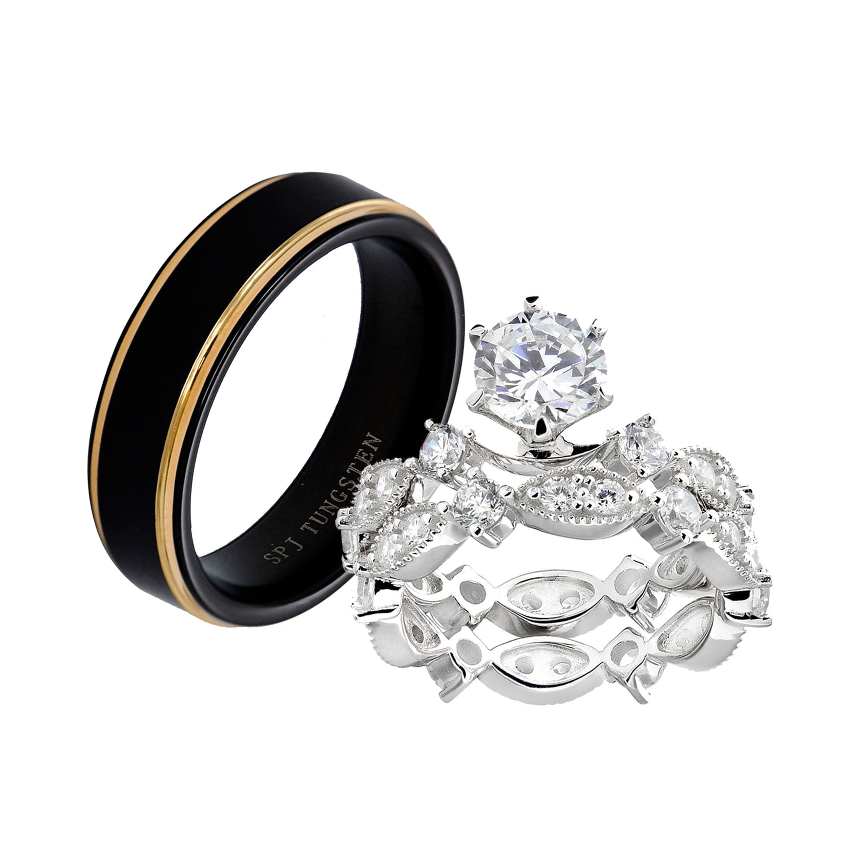 Wedding Rings 925 Sterling Silver Tungsten Premium 3 piece Set AAA CZ 