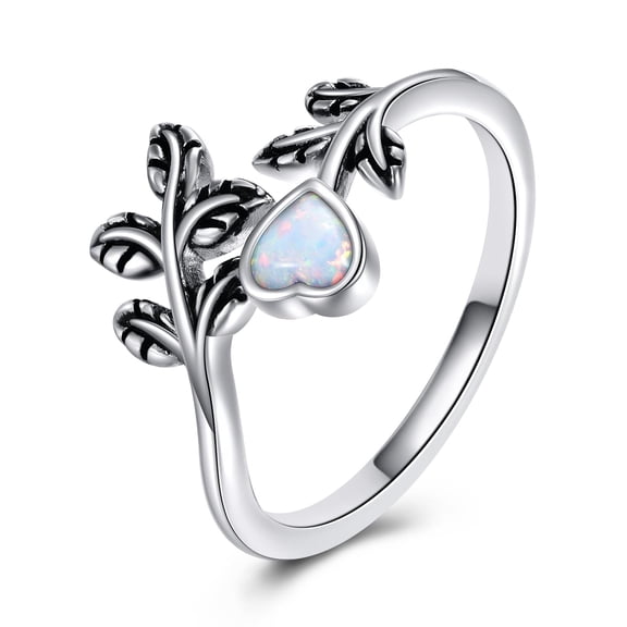 Leaf Ring 925 Sterling Silver Heart White Opal Rings Adjustable Open Ring for Women Size 7