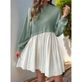 thumbnail image 2 of Women'S Color Block Round Neck Long Sleeve Ruffle Hem Casual A Line Short Dress Green XL, 2 of 7