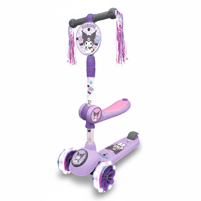 scooter patin 2 en 1 apache luces kuromi desmontable producto negro con detalles morado y rosa, vista frontal 3/4 con manillar ajustable y borlas, deck con asiento desmontable y gráficos Kuromi, ruedas delanteras con luces, plegable y requiere ensamblado; recomendado desde 9 años y a menudo usado para paseos recreativos cortos.