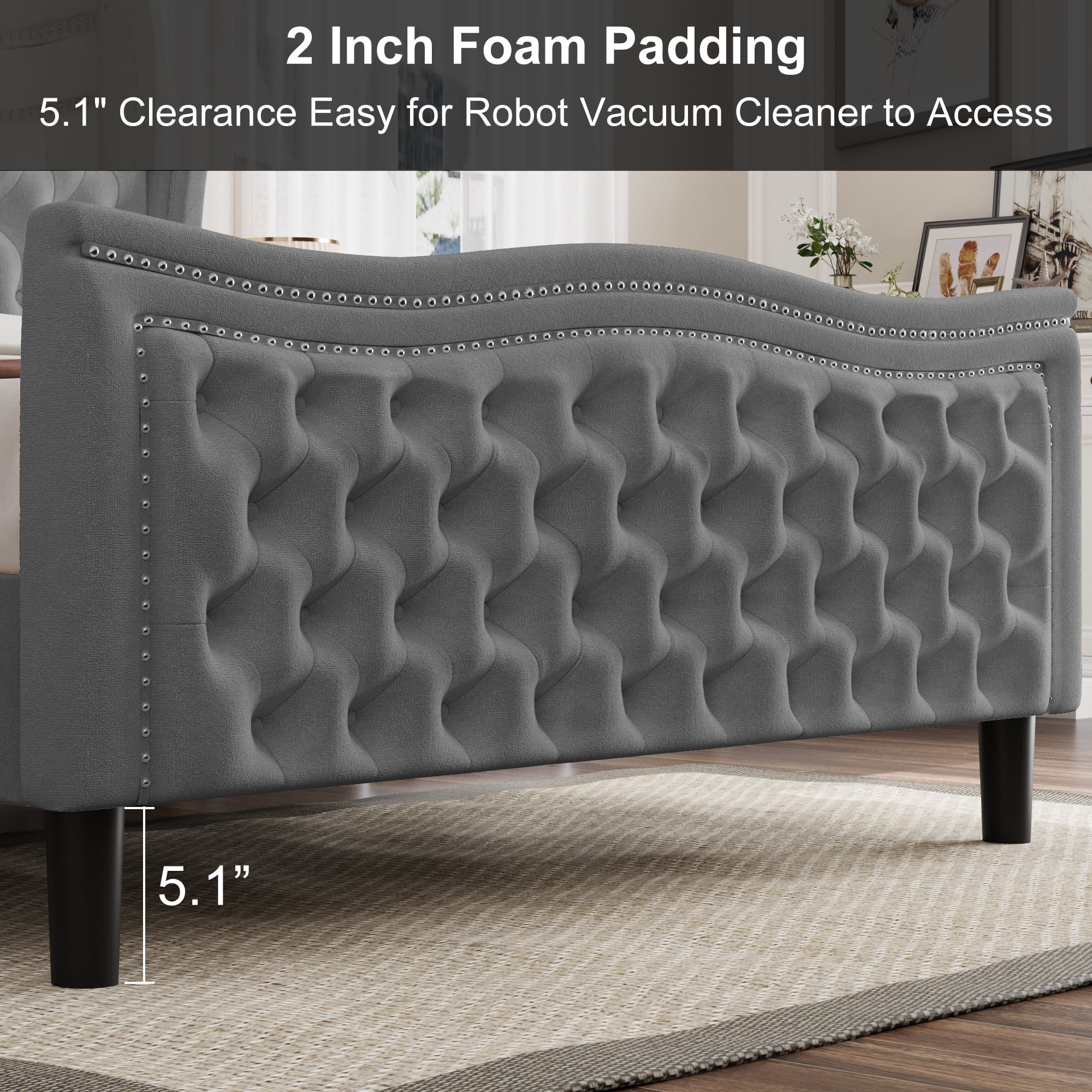 Miniyam Velvet Queen Size Bed with Button-Tufted Wingback Headboard for Adult, Gray